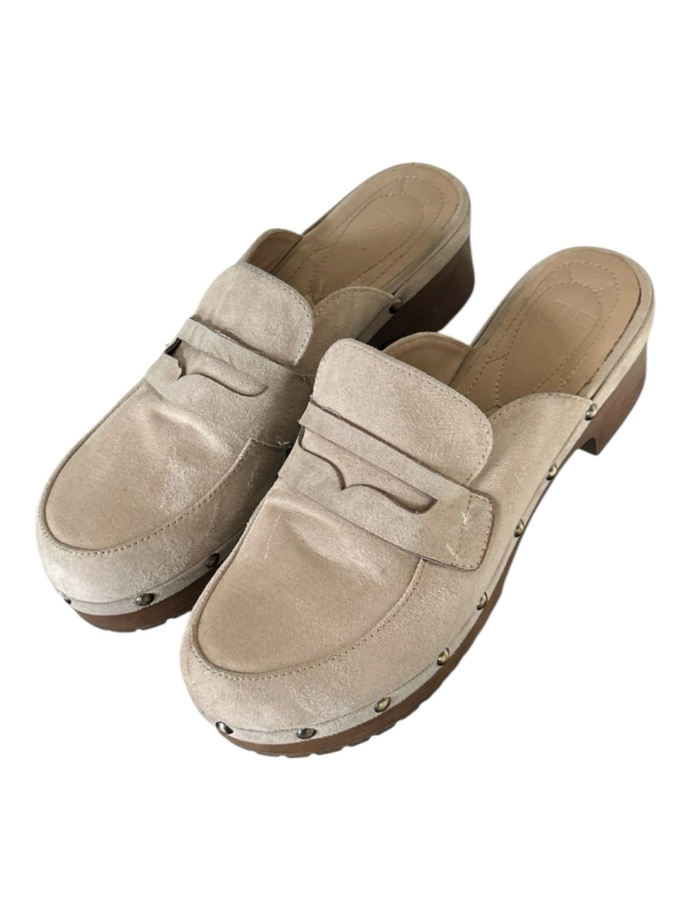 Y2K Tan Suede Penny Loafer Mules Heeled Wooden Platform